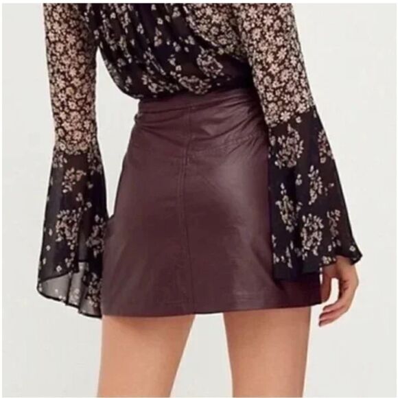 Free People Womens Fake Out Faux Leather Wrap Skirt in Oxblood - Picture 2 of 6